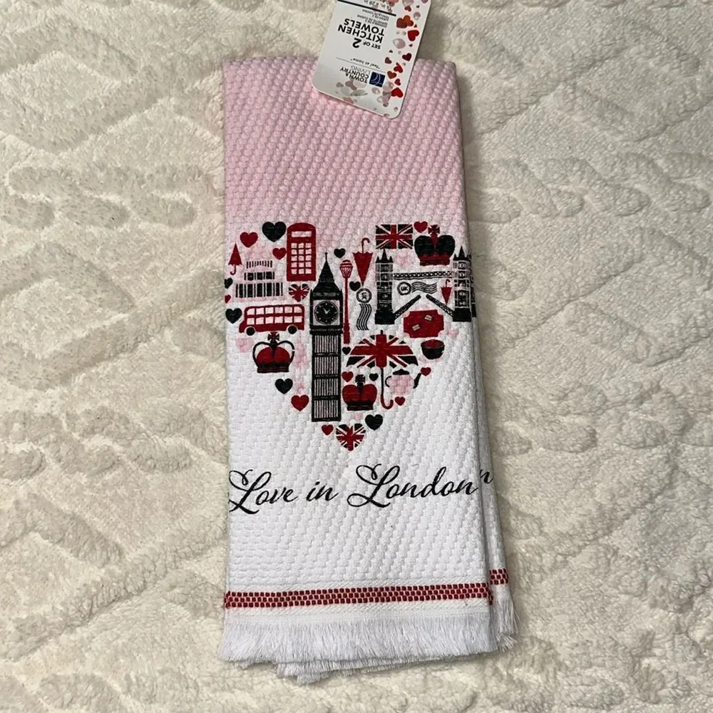 T & C Love in London White Red Pink Black Cotton Kitchen Towels set of 2